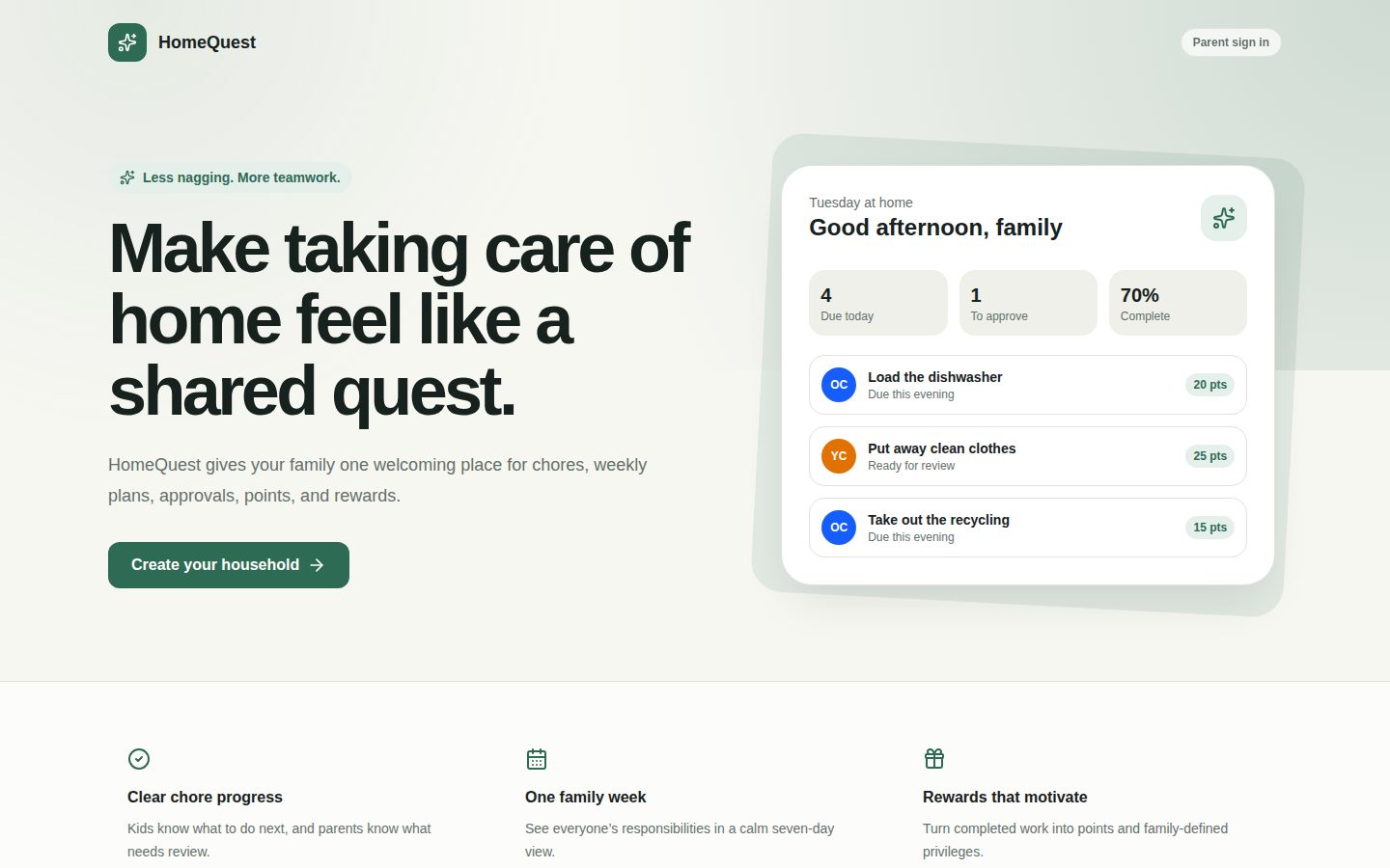HomeQuest marketing homepage with the headline “Make taking care of home feel like a shared quest” and a sample chore list.
