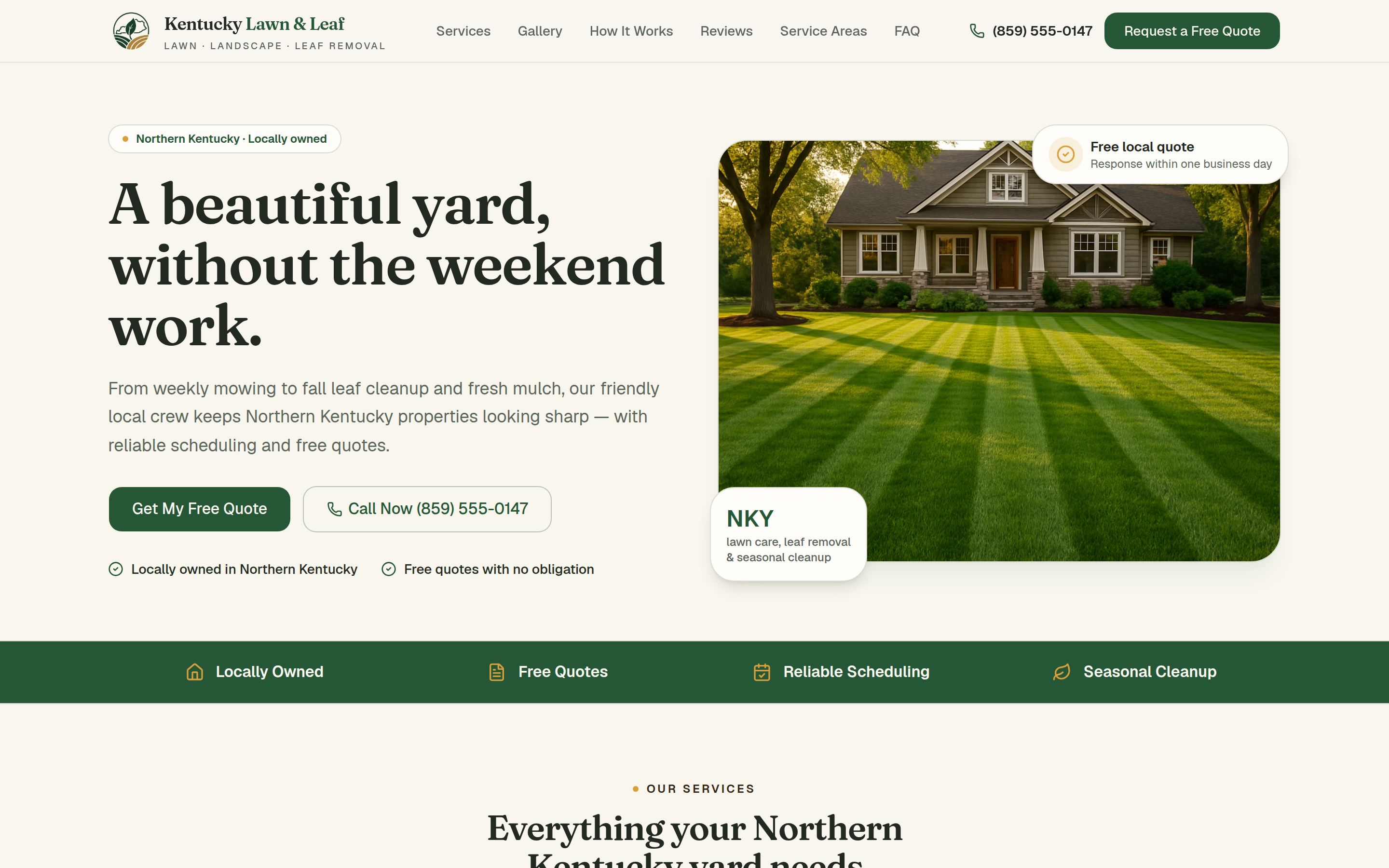Kentucky Lawn & Leaf homepage, showing the hero and primary call to action.