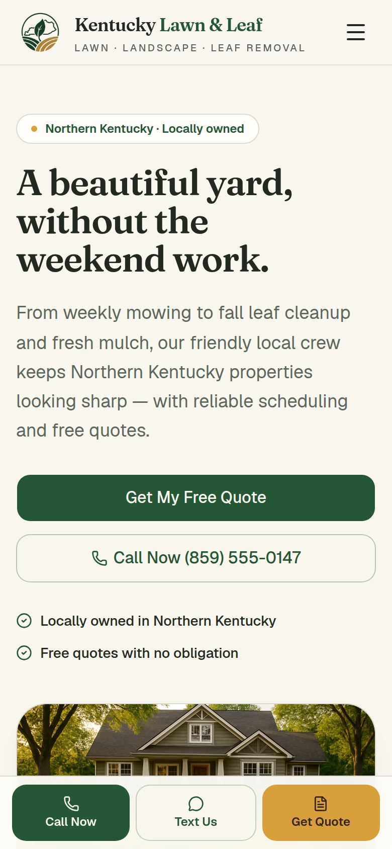 Kentucky Lawn & Leaf homepage on a mobile viewport.