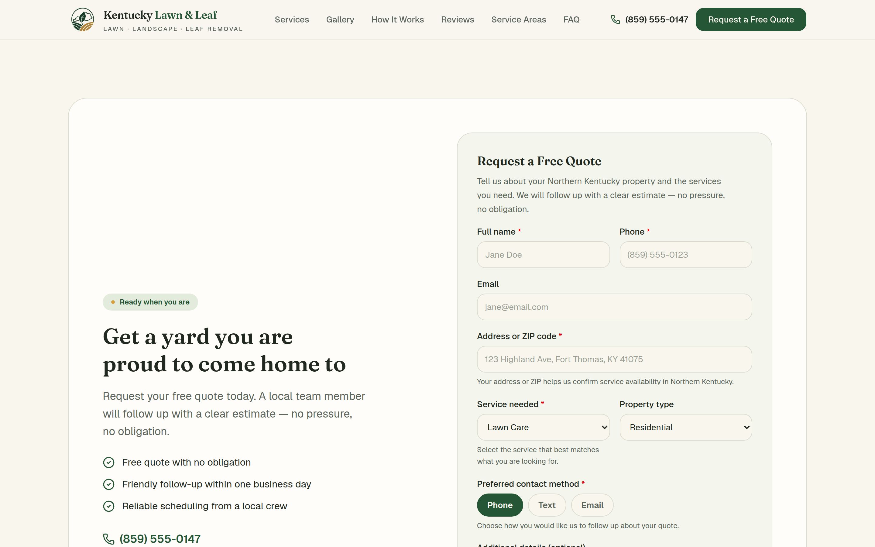 Kentucky Lawn & Leaf request-a-quote form.