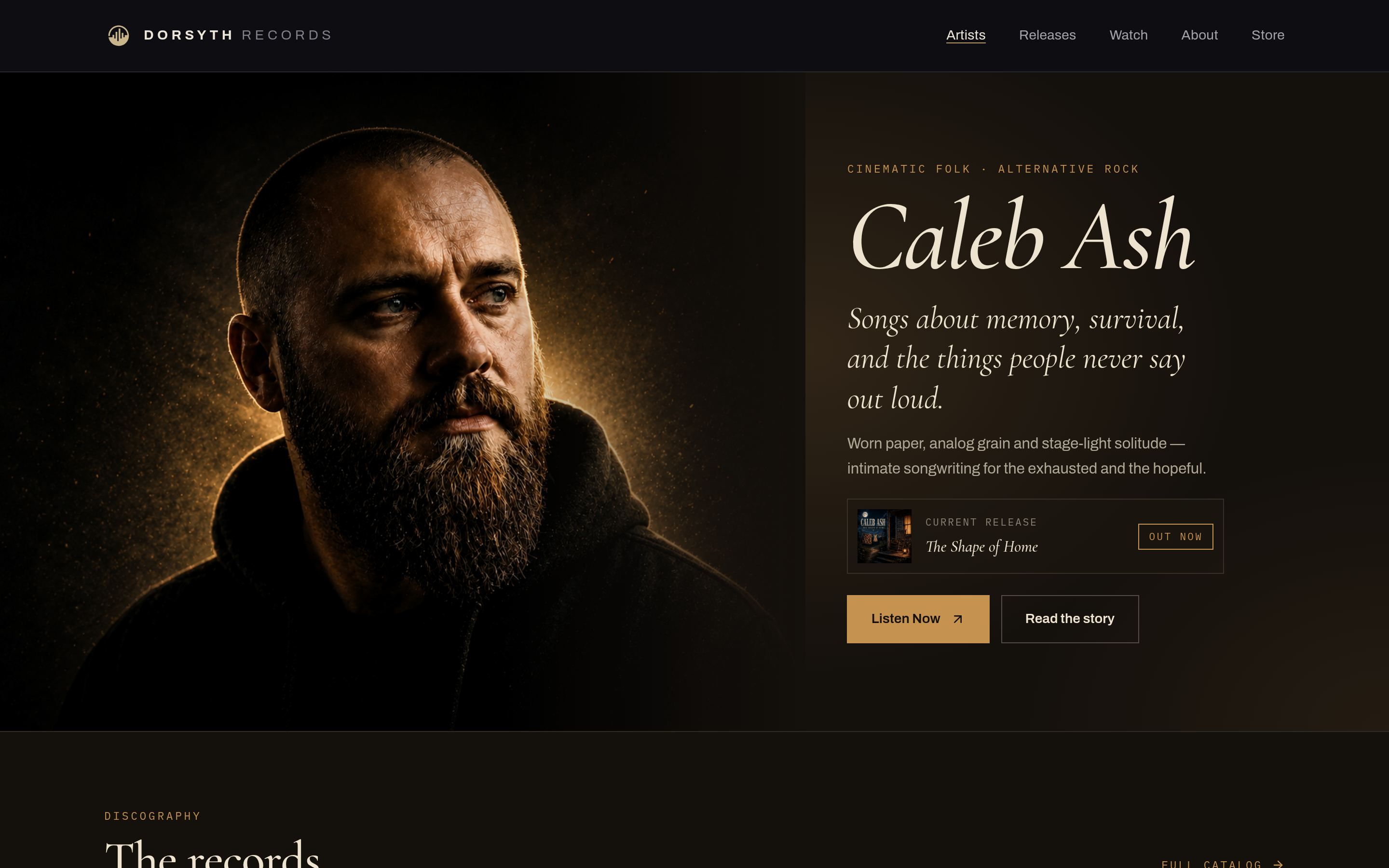 Caleb Ash artist page on Dorsyth Records, showing releases and video content.